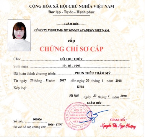 Chứng chỉ sơ cấp  ngành phun thuê thẩm mỹ